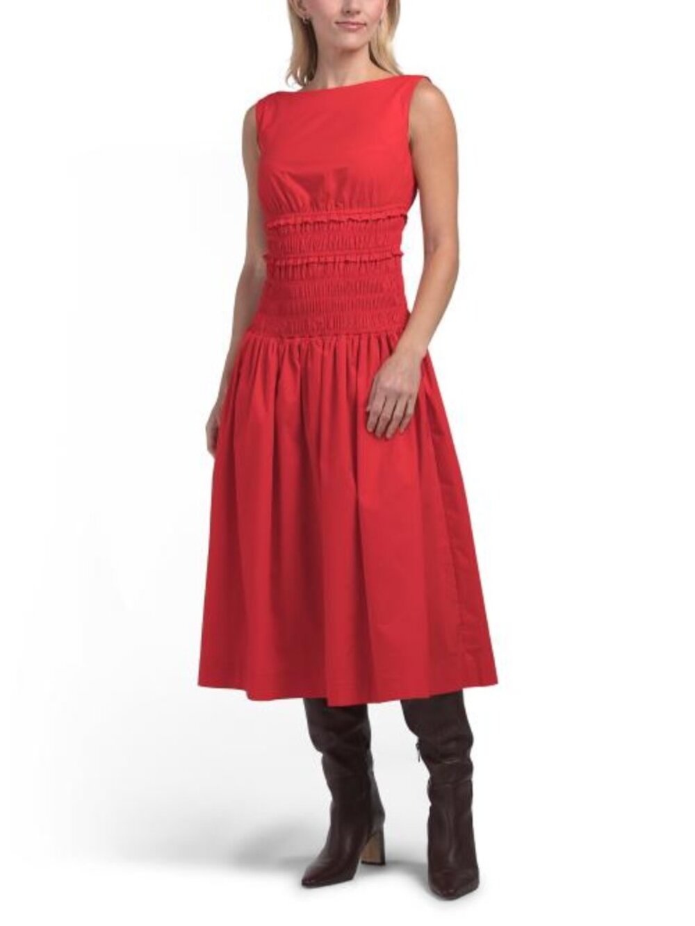 ANNE KLEIN Petite Smocked Boat Neck Midi Dress